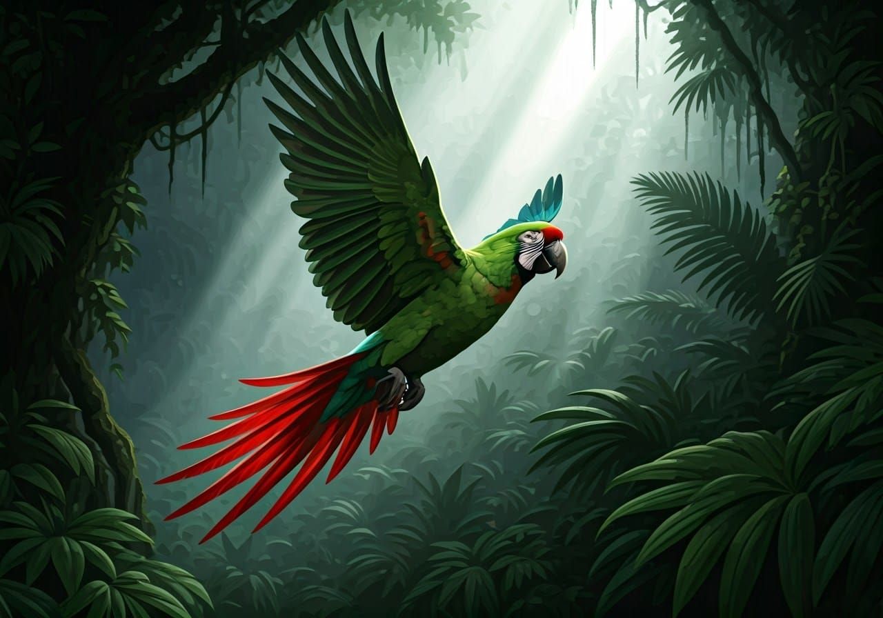 Emerald Parrot in Jungle Sunlight, Comic Book Art