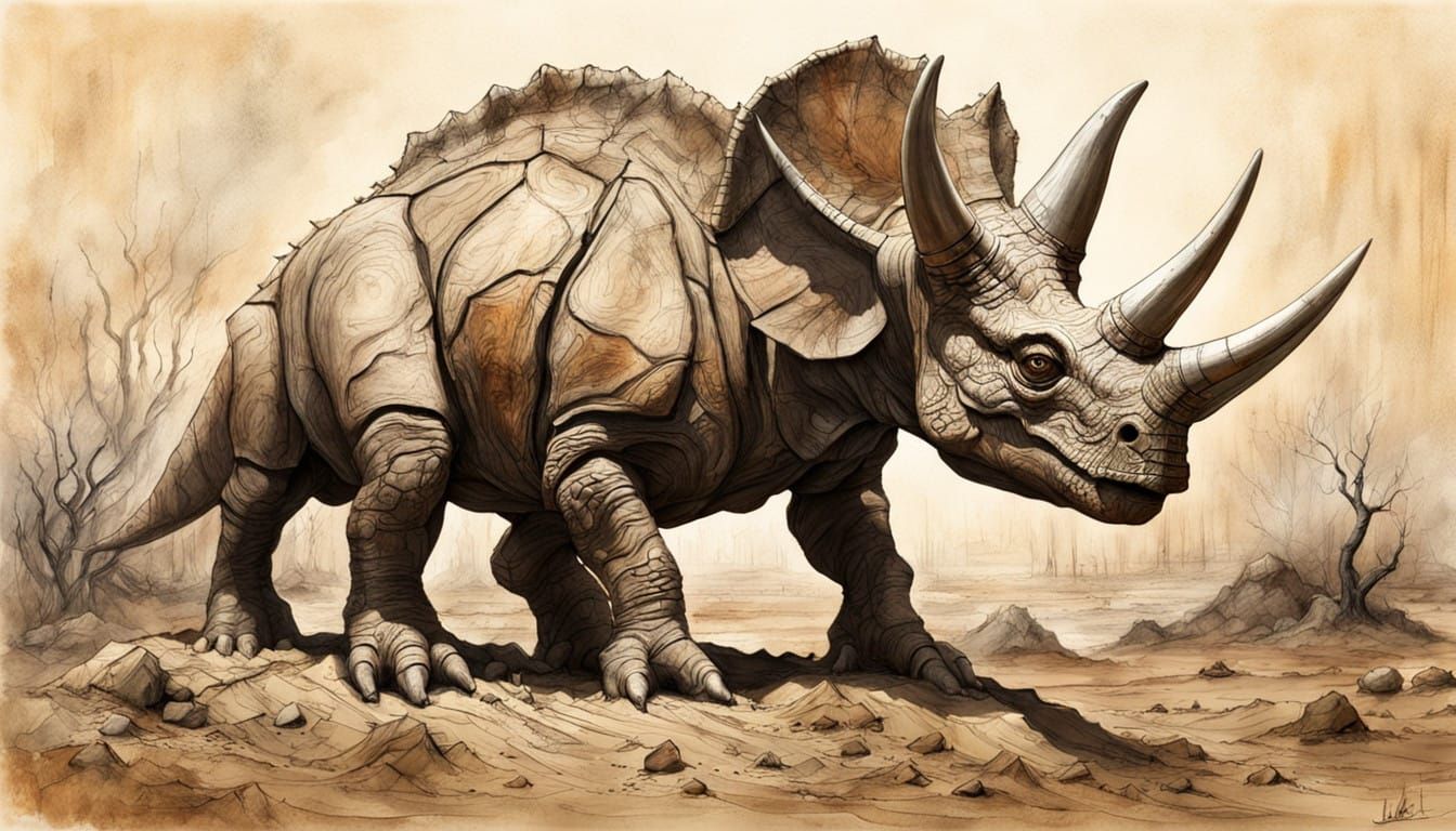 Shattered Triceratops Clay Sculpture in Desert Habitat