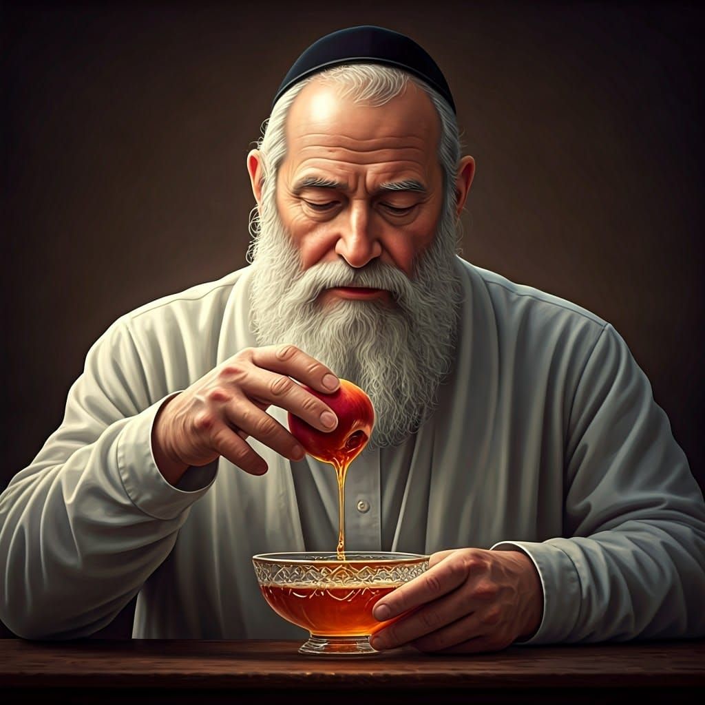 Orthodox Jew Dipping Apple in Honey, Artistic Portrait
