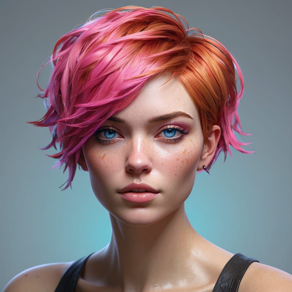 Beautiful Woman with Pixie Cut, Strawberry Blonde Hair & Blu...