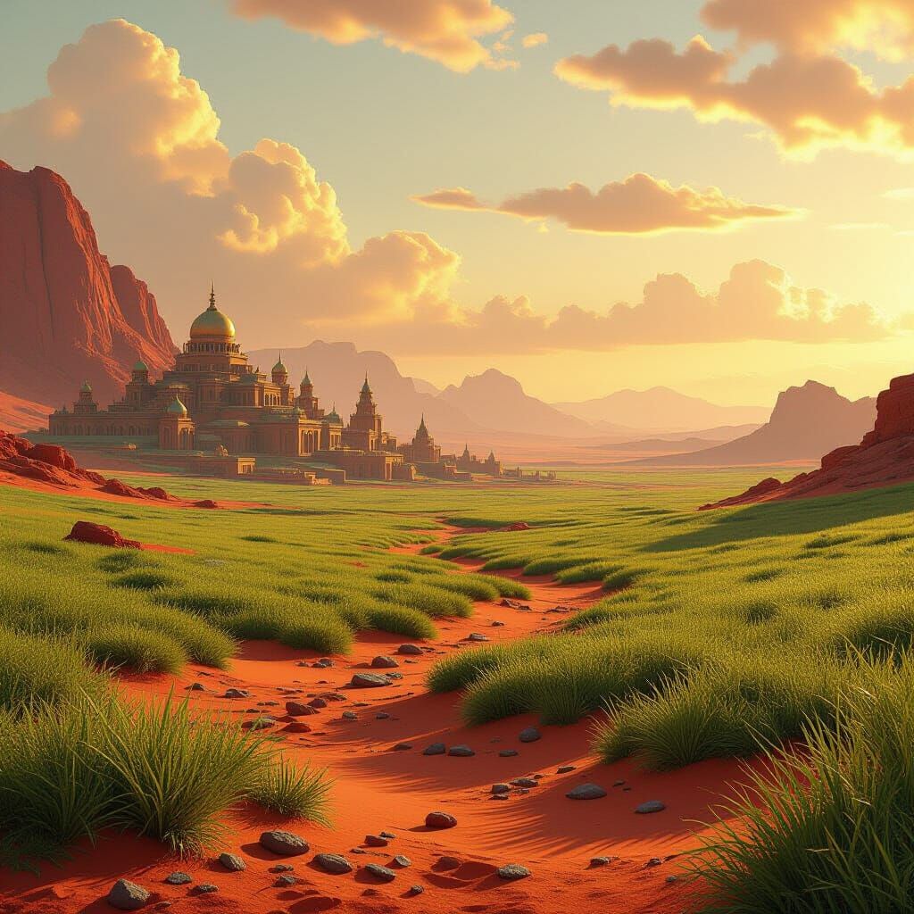 Ancient Martian Landscape with Village and Green Grass