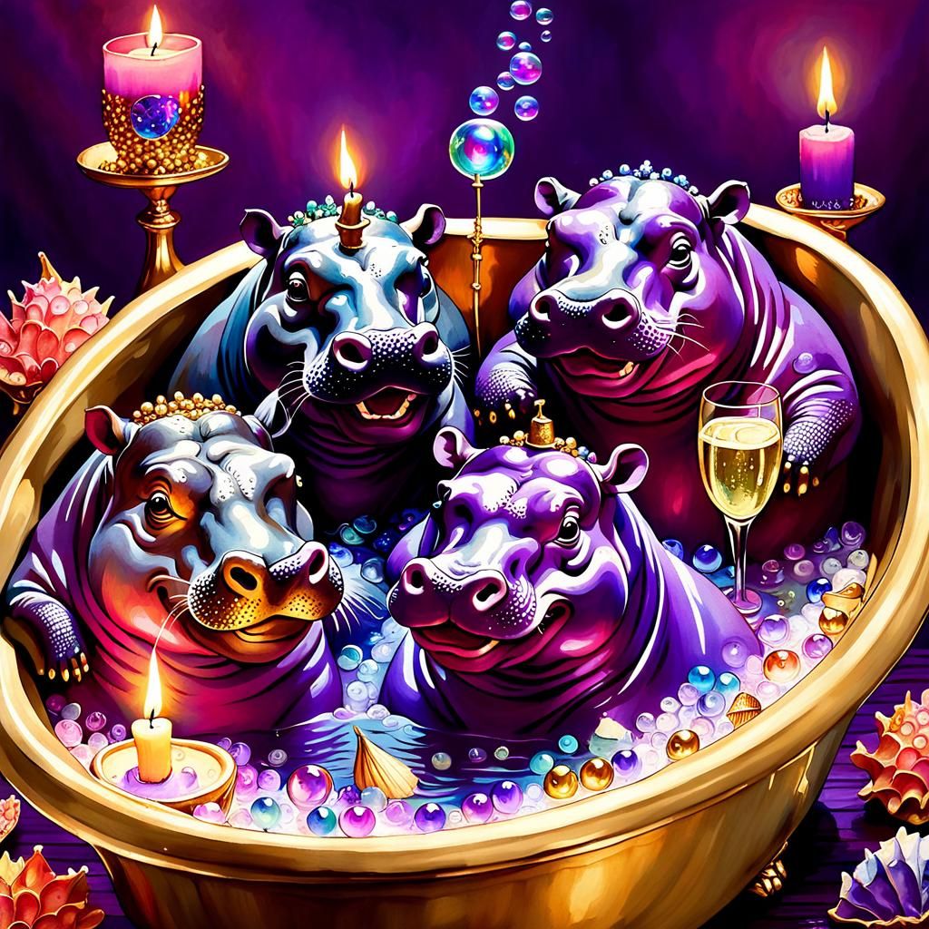 Hippos' Candlelit Bubble Bath: Acrylic Watercolor