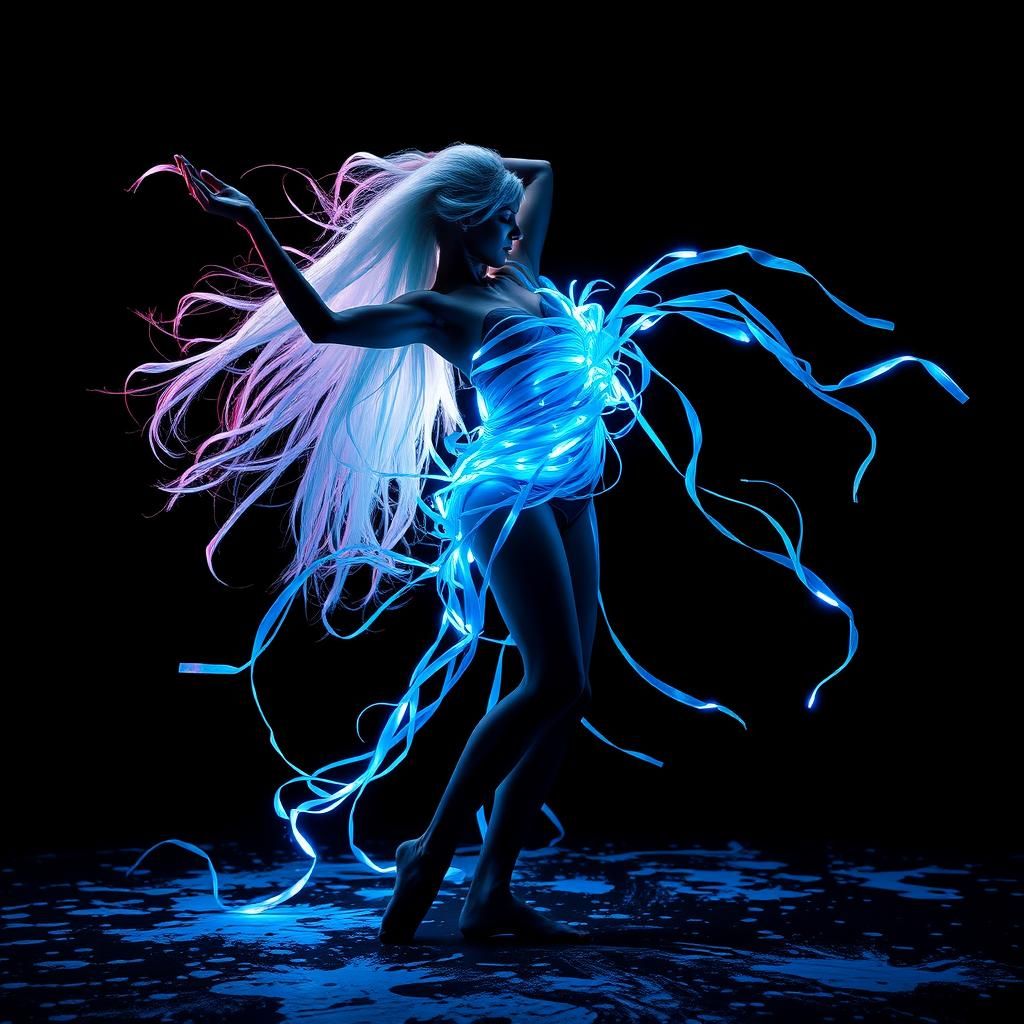 Neon Silhouette Dancer in Biomechanical Art Style