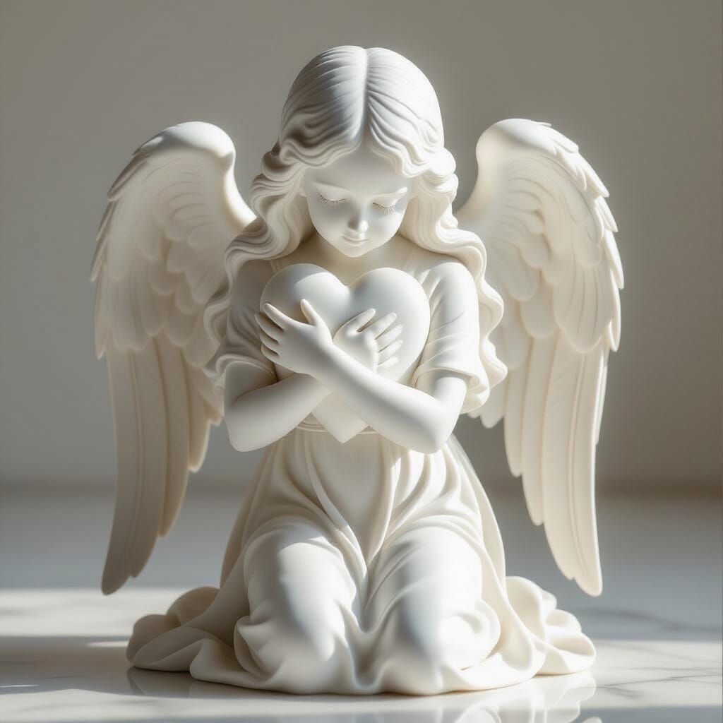 Marble Angel Statue Embraces Heart in Soft Light