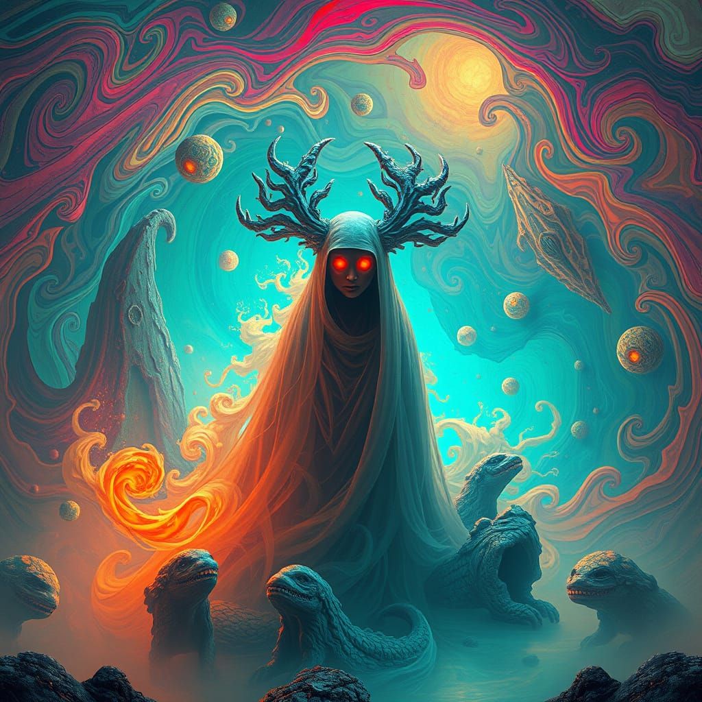 Dreamlike Figure in Surreal Futuristic Landscape