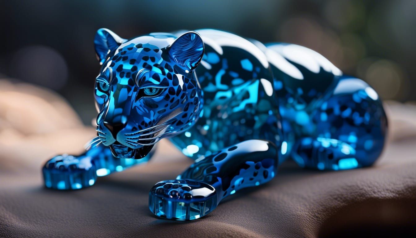 Glimmering 3D Crystal Jaguar Sculpture in Blue