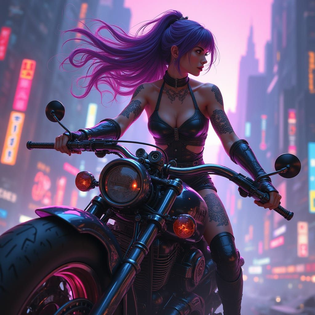 Cyberpunk Valkyrie Rides Through Neon Cityscape