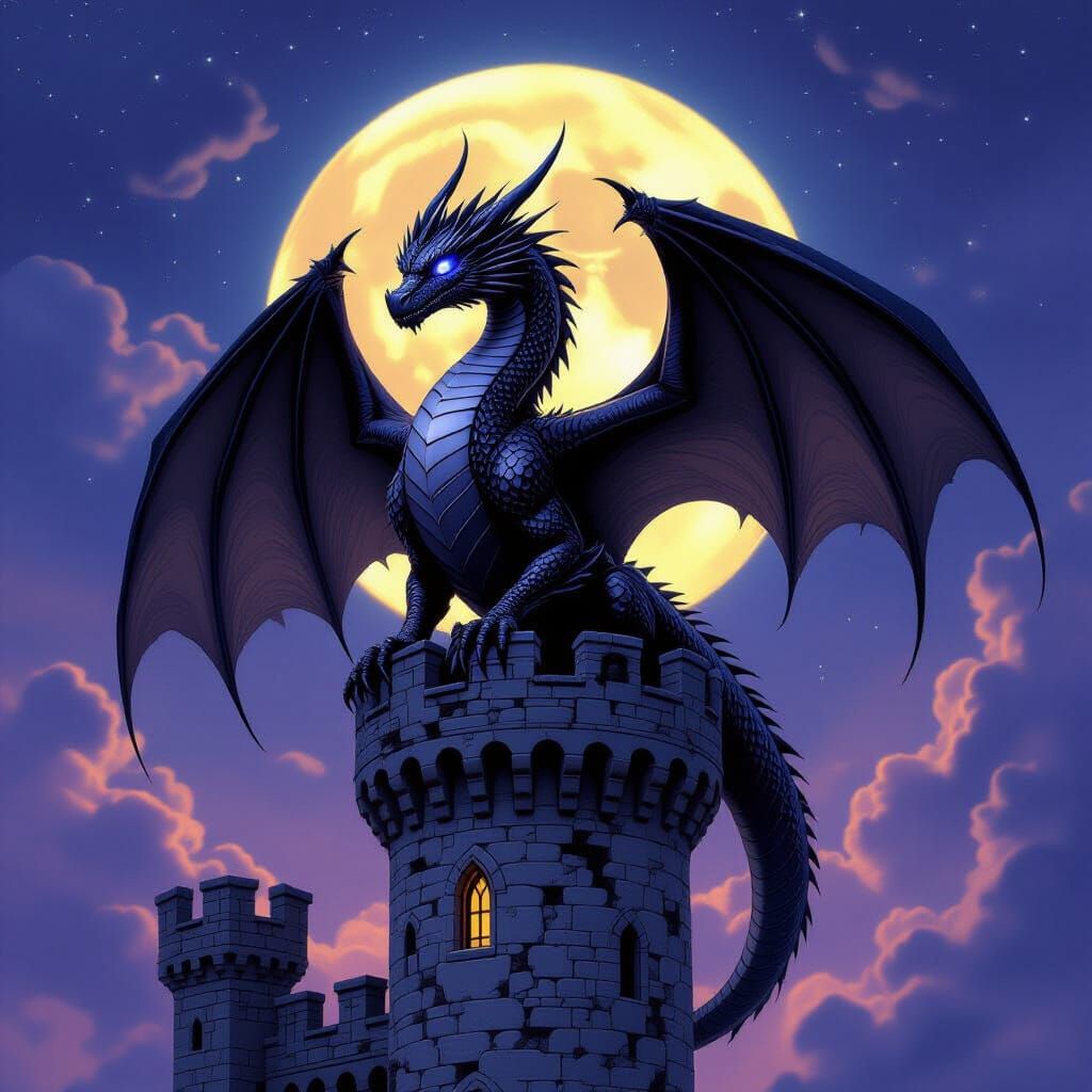 Black Dragon on Castle Tower in Fantasy Art Style