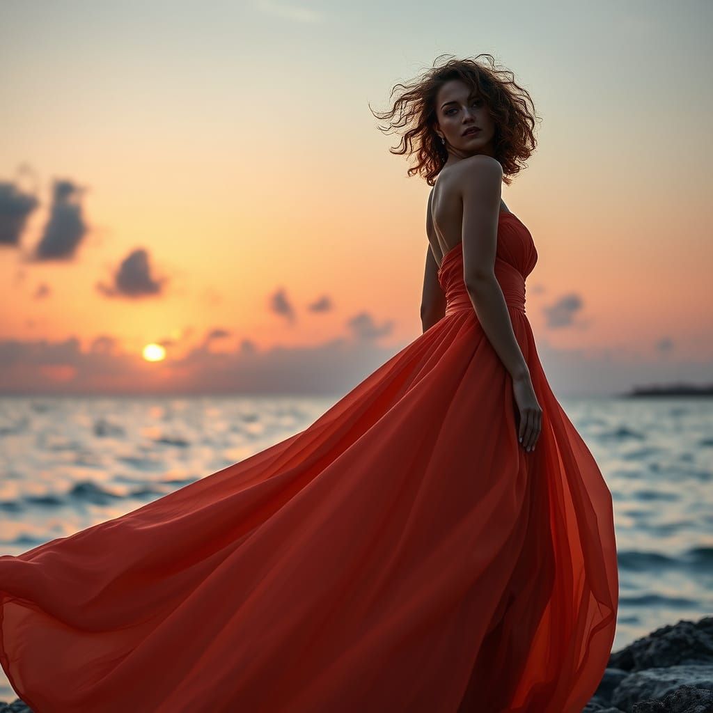 Model in Molten Lava Dress on Mediterranean Shore