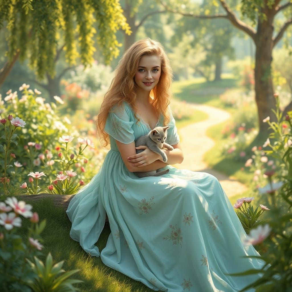 Serenely Seated Blonde Beauty in Impressionist Garden Scene