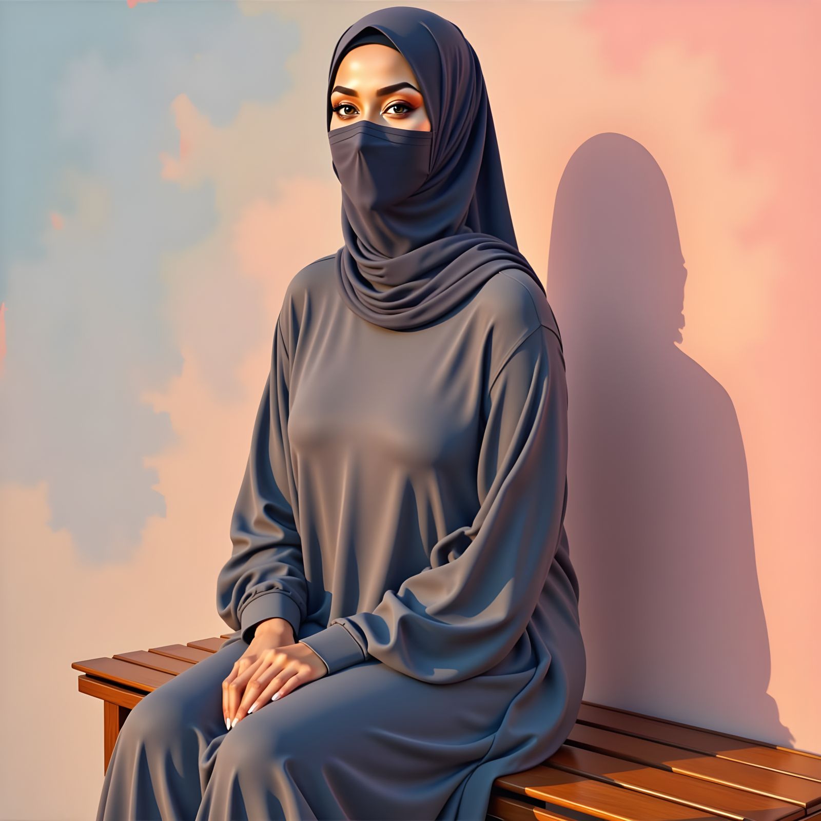 Serene Hijabi Woman in Oil-Guache Style
