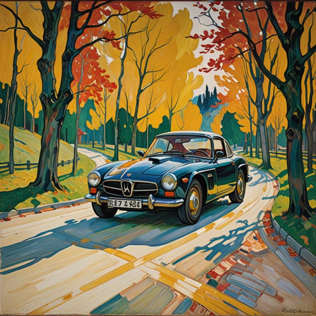 Sleek Honda Speeds Down Winding Highway in Neo-Expressionist...