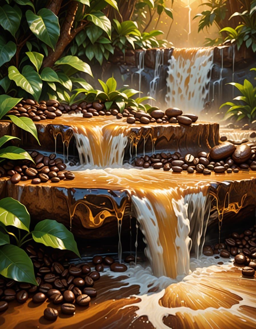 Miniature Coffee Waterfall in Digital Oil Painting Style