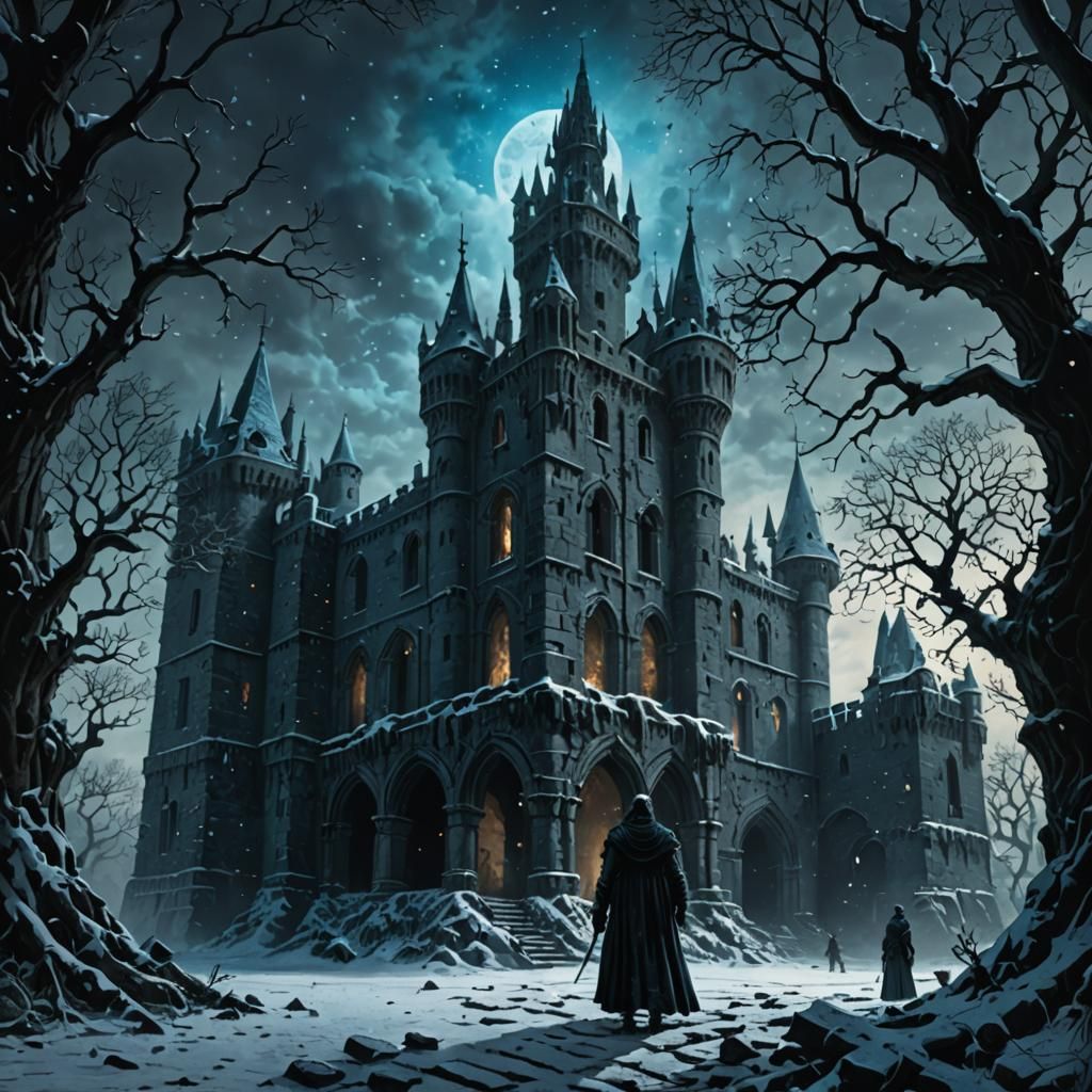 Dark Fantasy Figure in Ruined Castle Courtyard