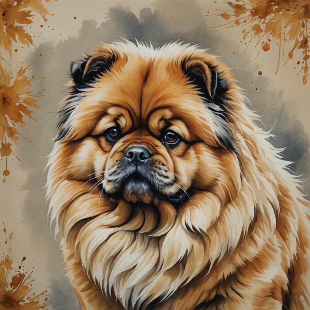 Chow Chow-Pekinese Mix: Gouache and Oil Painting
