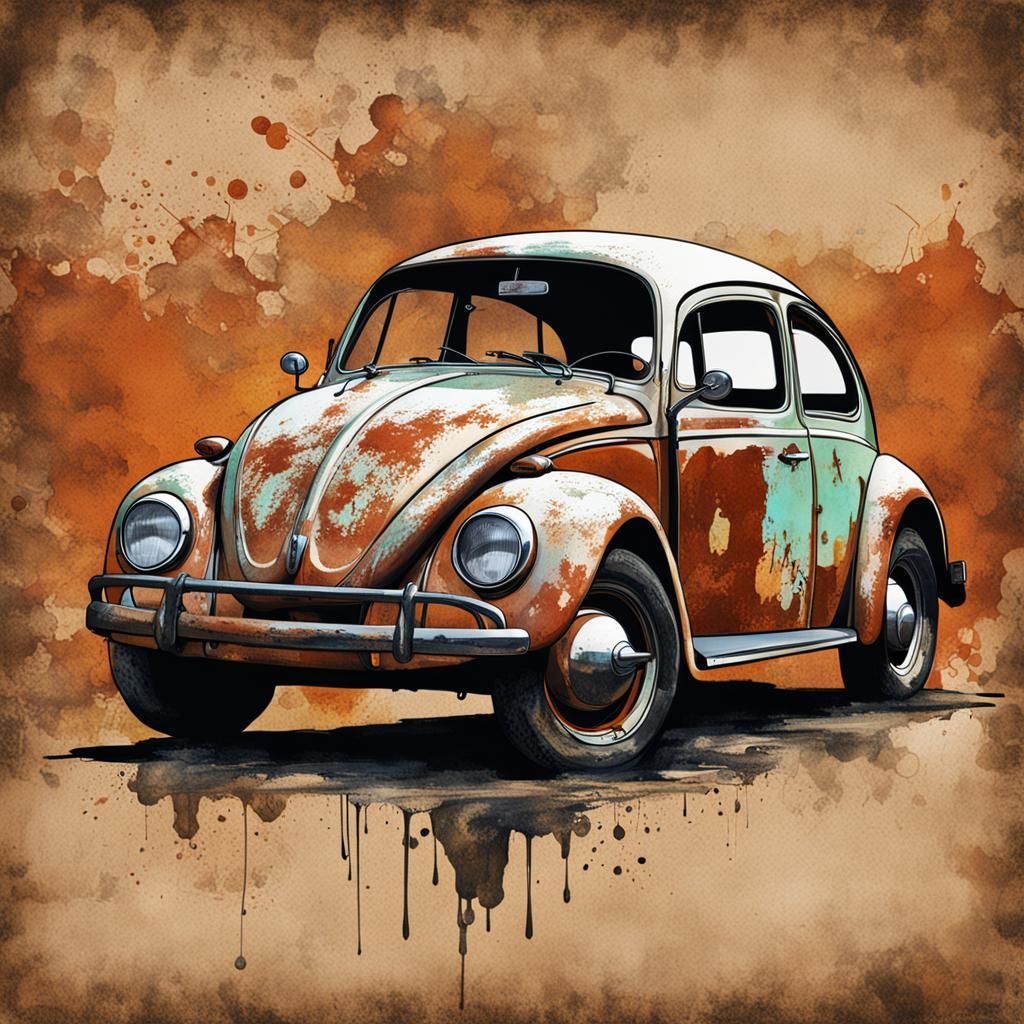Patina Volkswagen Beetle in Grunge Ink Style