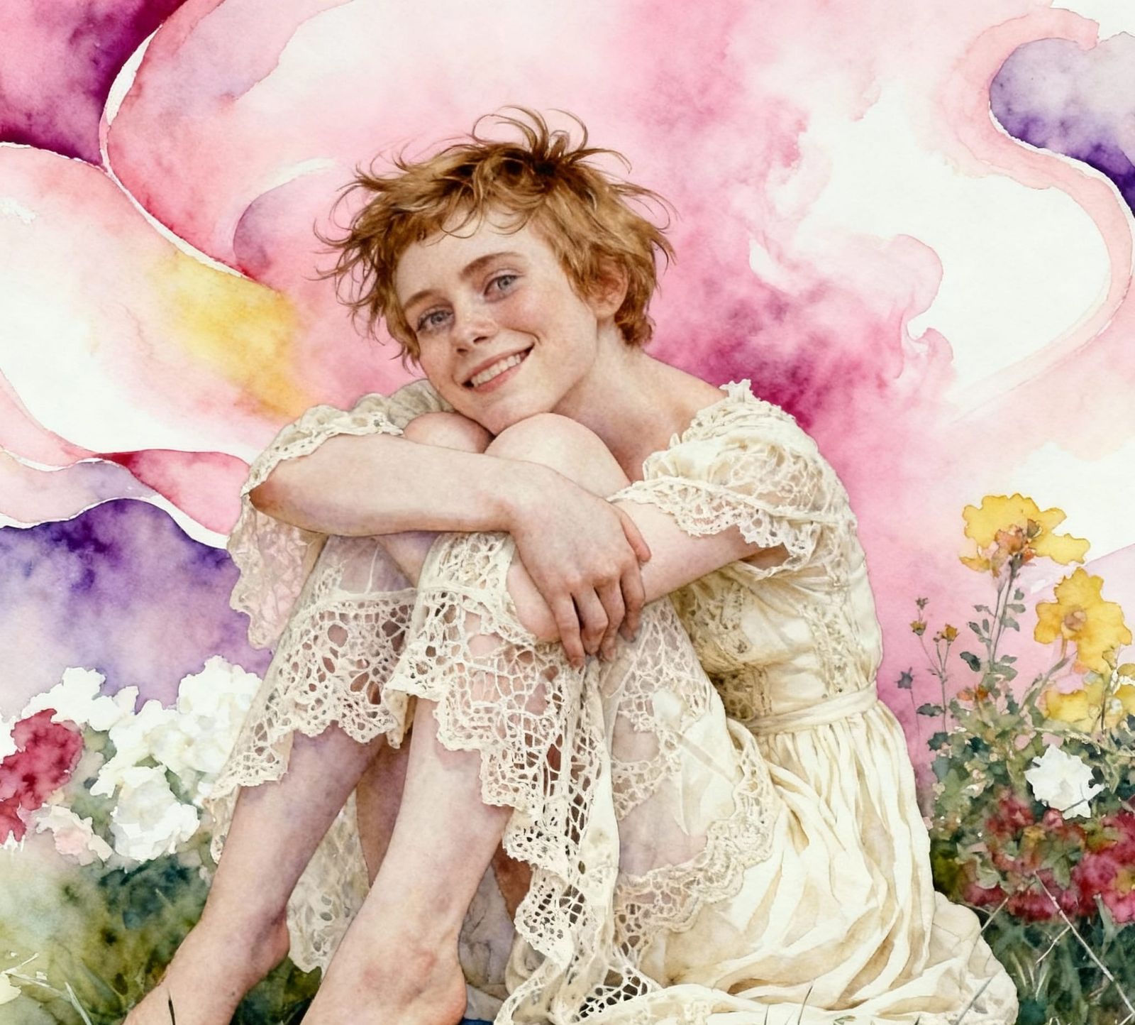 Sophia Lillis in Wildflower Garden as Watercolor Painting