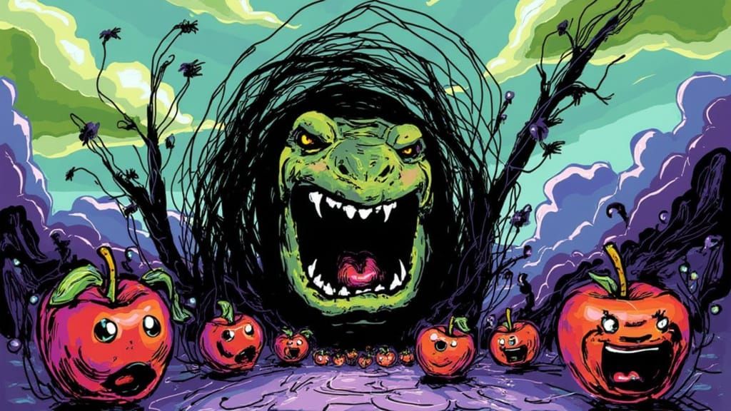 Grotesque Turtle Emerges in Surreal Apple Nightmare