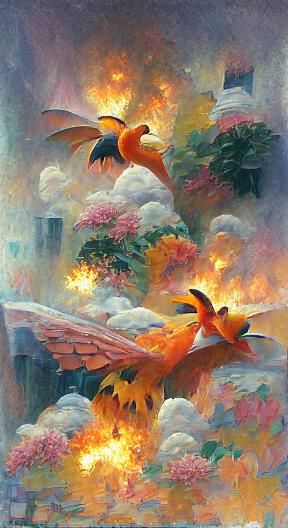 Moltres in Kinkade's Luminous Style