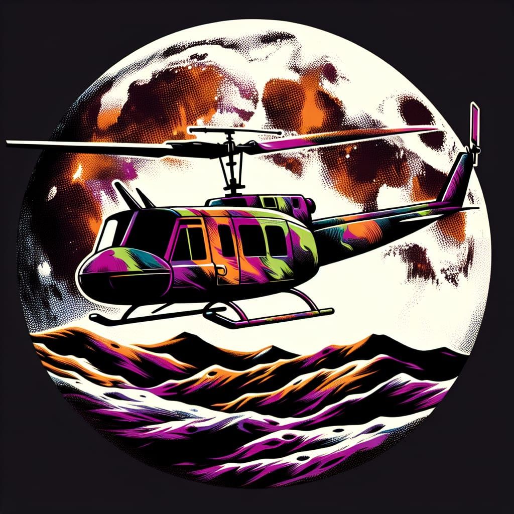 Helicopter with a purple, orange, and green camouflaged pain...