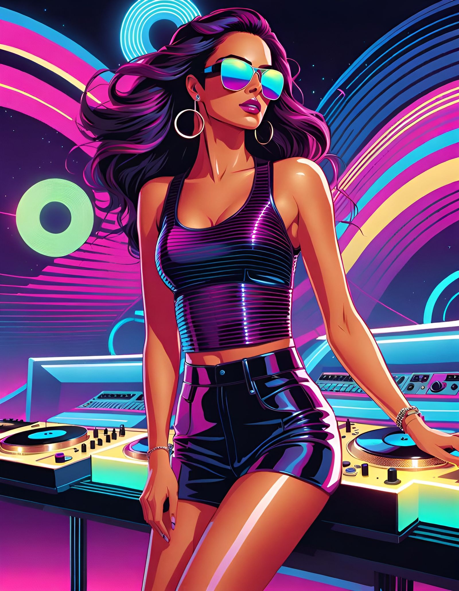 Vaporwave Art - Beautiful Deejay-Girl in Sunglasses, 
 DJ Ho...