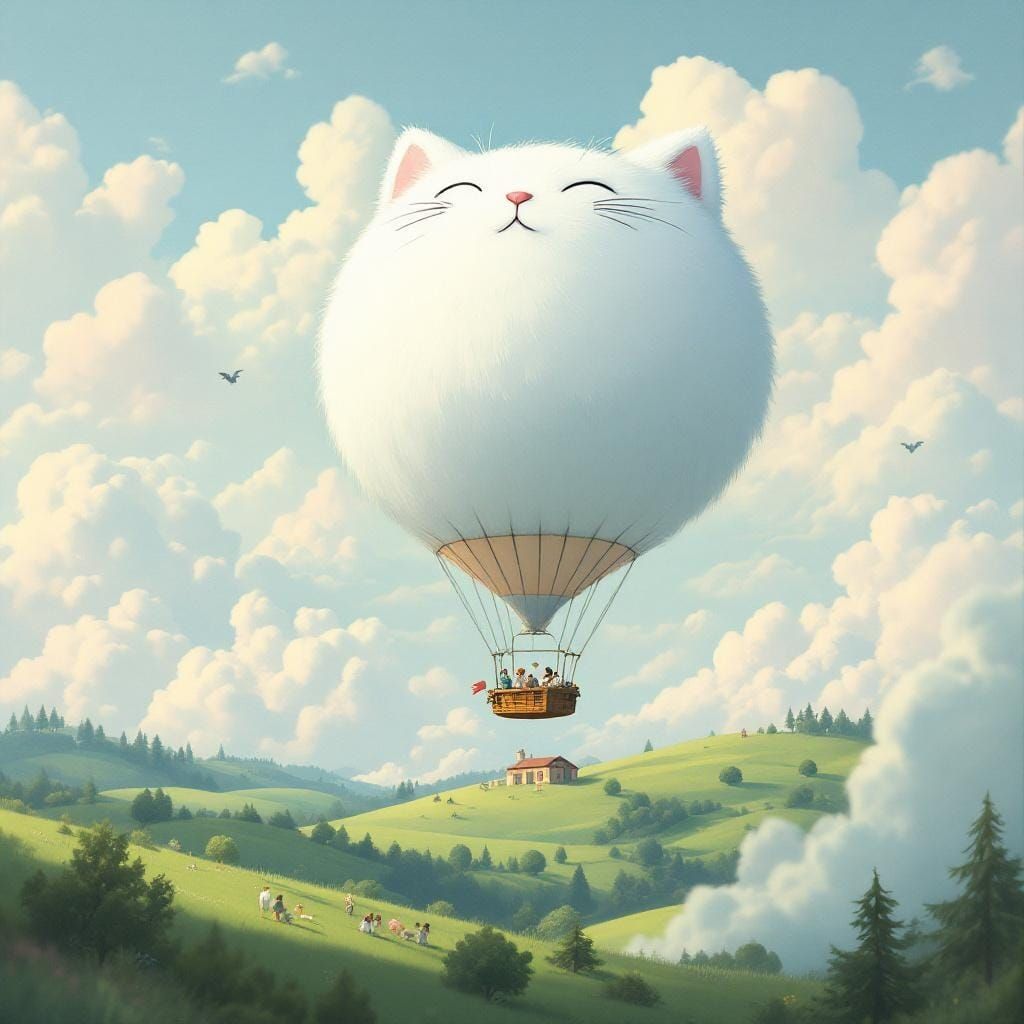Surreal Cat Balloon Floats in Dreamlike Landscape