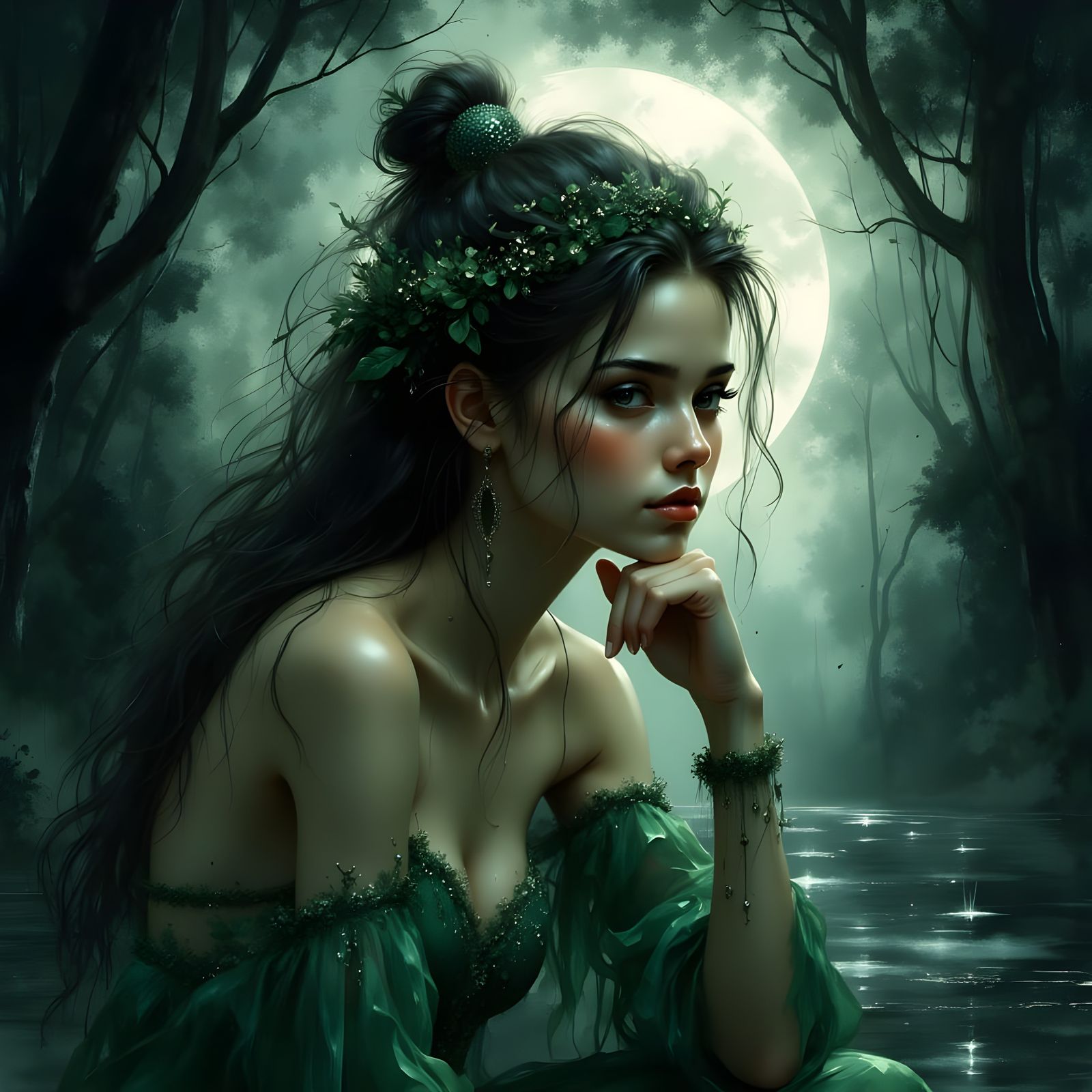 Forest Sprite Lost in Thought Under Moonlight
