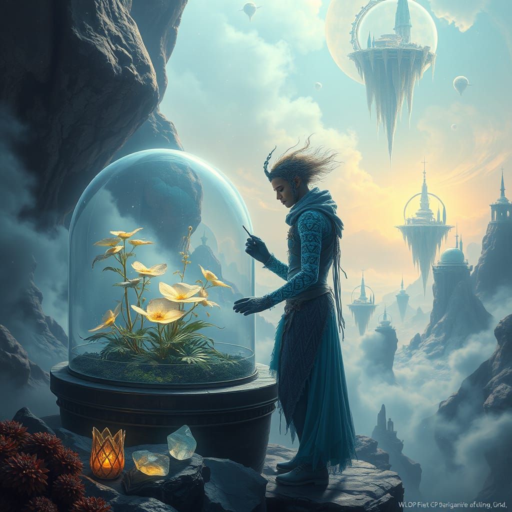 Celestial Botanist on Alien Planet in Matte Painting Style