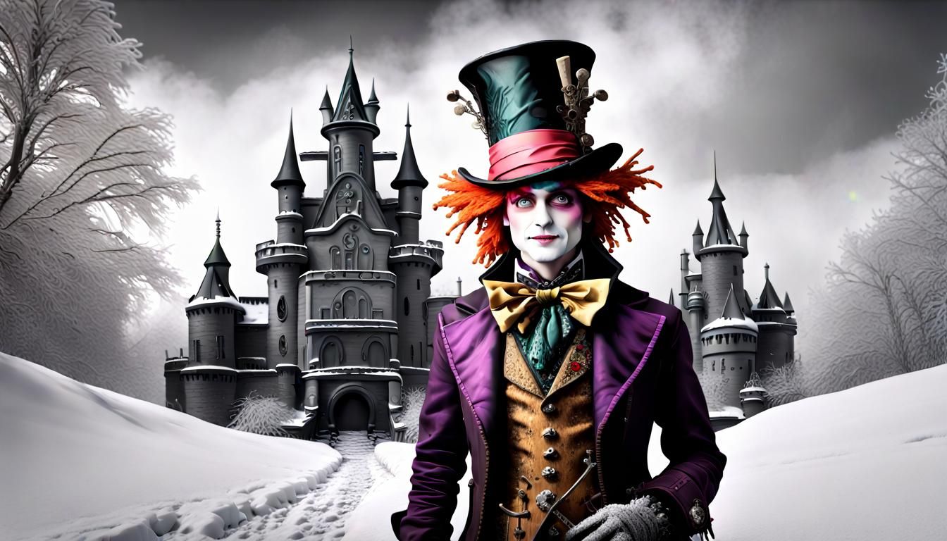 Steampunk , Aterpunk, Automaton Mad Hatter, Winer aetherpunk scene, Tim Burton, Picasso's integrated flowing compositio...