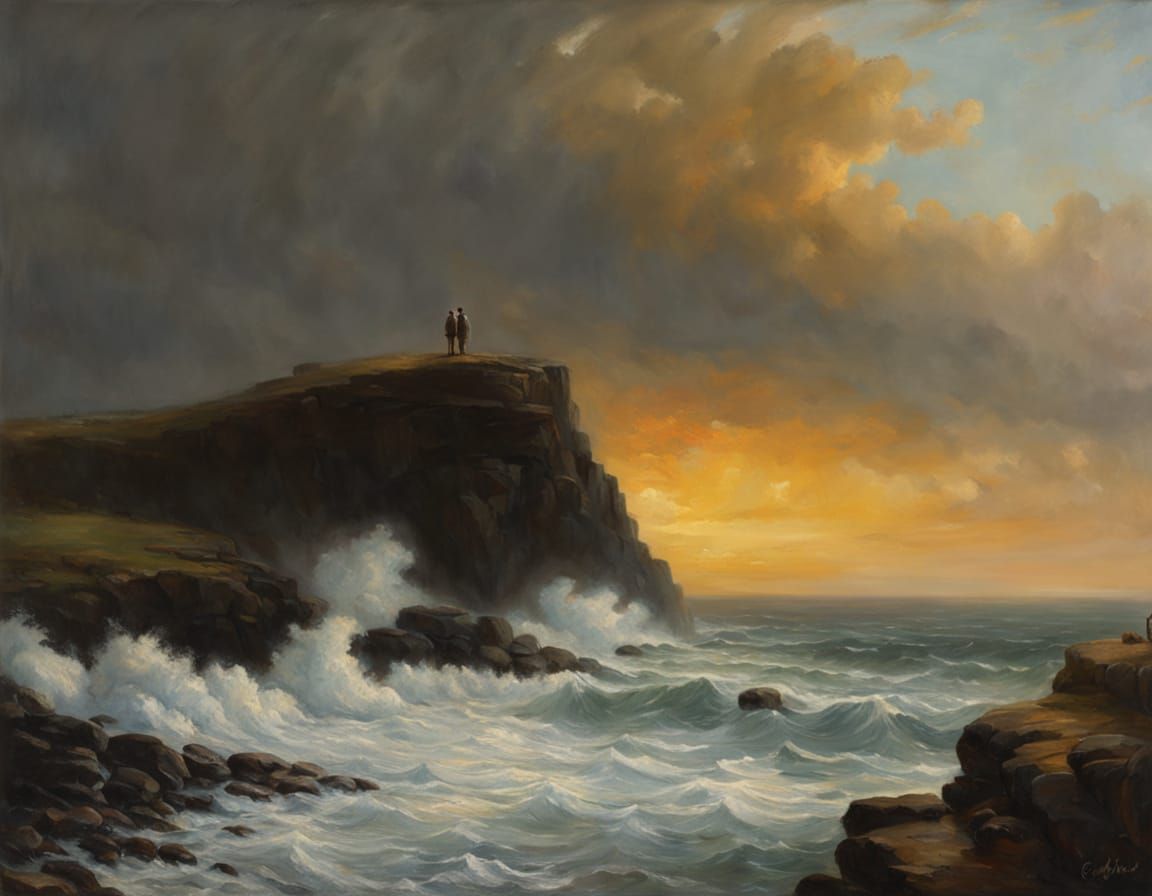 Lone Figure Gazing at Ocean in Inness Style