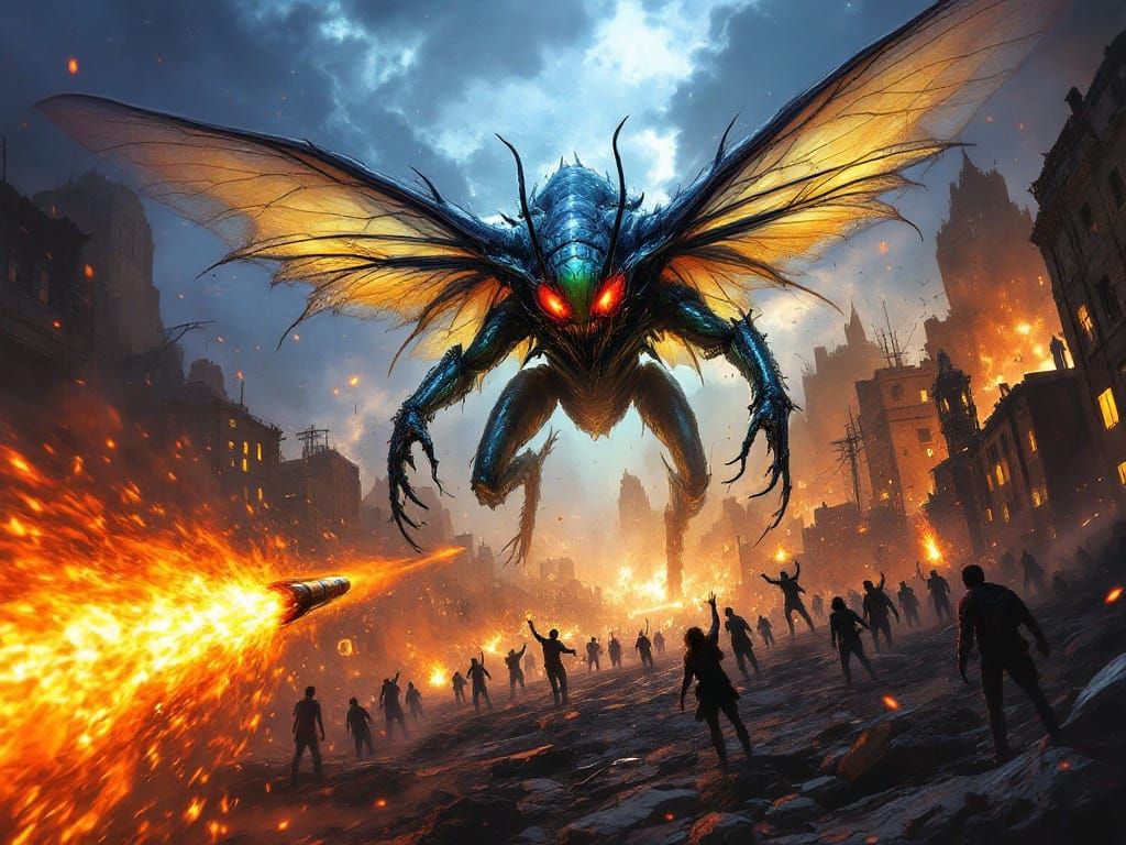 Giant Insectoid Creature Attacks Burning Metropolis