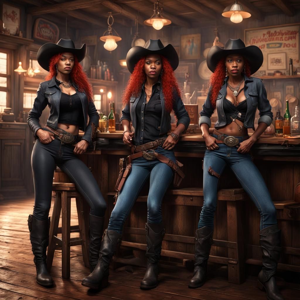 Cyberpunk Cowgirls in Old West Saloon