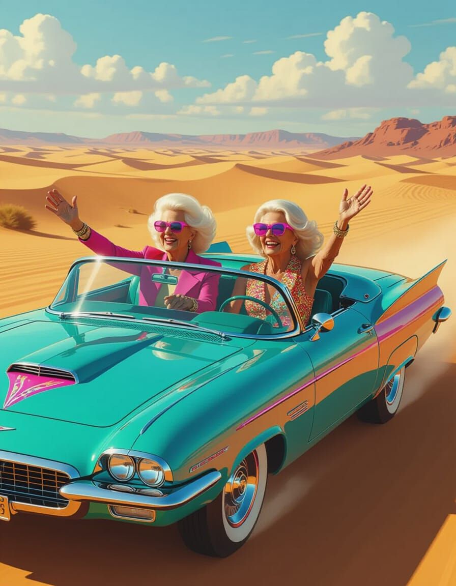 Elderly Women's Futuristic Desert Road Trip