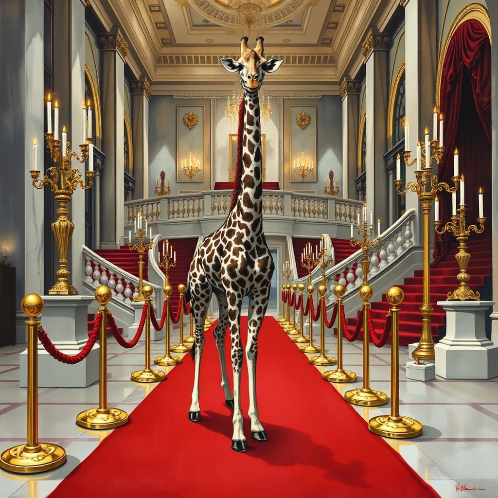 Giraffe on the Crimson Red Carpet in Impasto Style