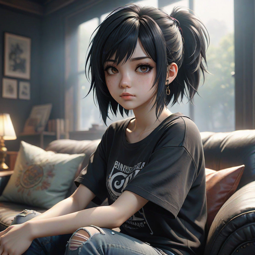 Grunge Anime Girl with Messy Black Hair