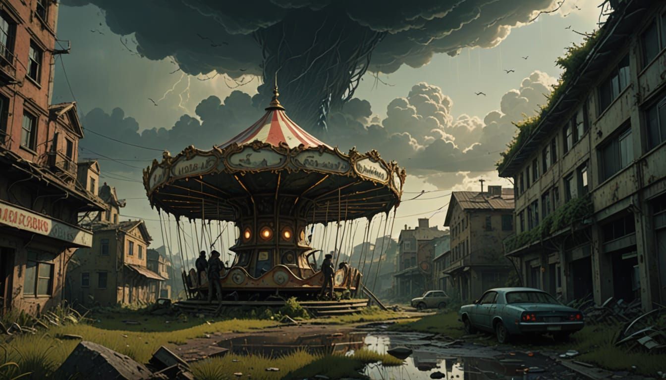 Post-Apocalyptic City With Animals and Tornado, Oil Painting