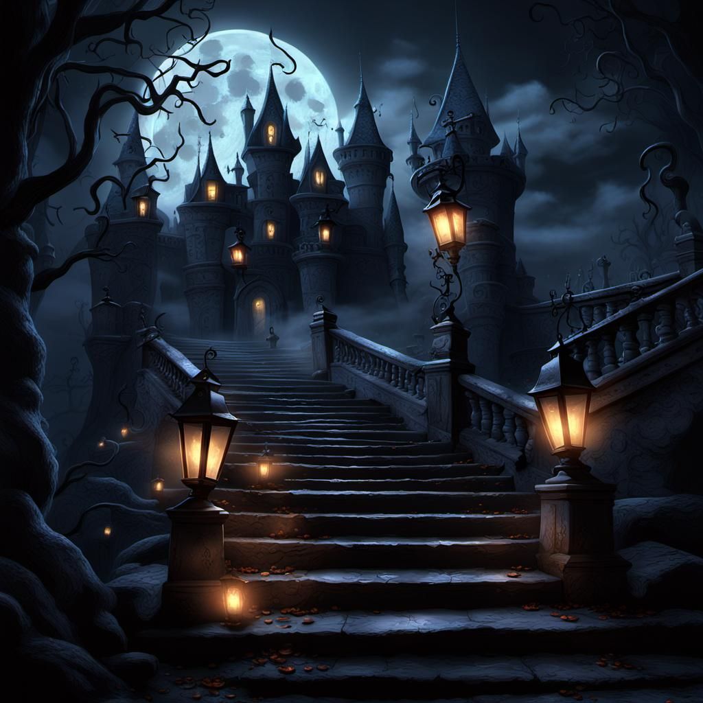 Haunted Castle Staircase in Moonlight: 3D Digital Art