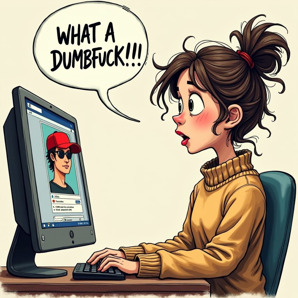 Woman's Surprise at Facebook Profile, Digital Illustration