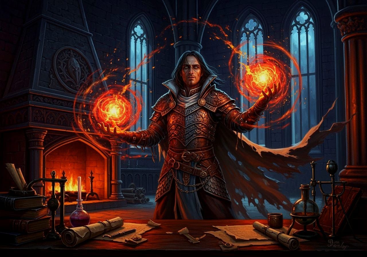 Sorcerer Conjures Fireballs in Dark Fantasy Castle