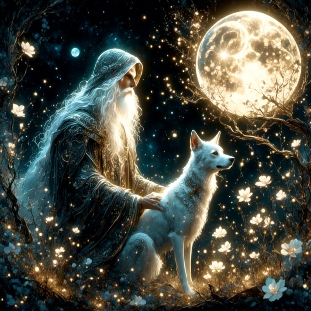 Enchanted Merlin with Crystal Ball in Gouache Style