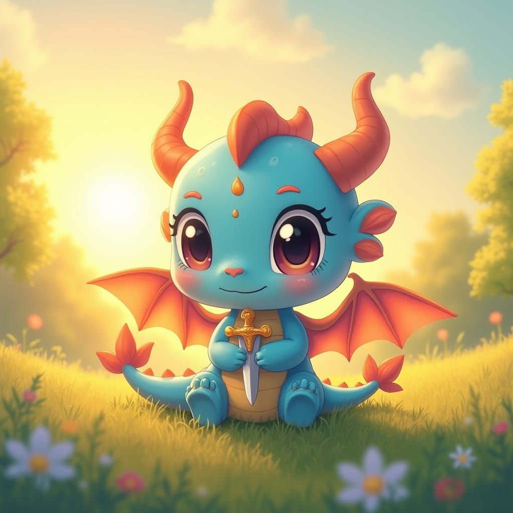 Adorable Baby Blue Dragon in Anime Style