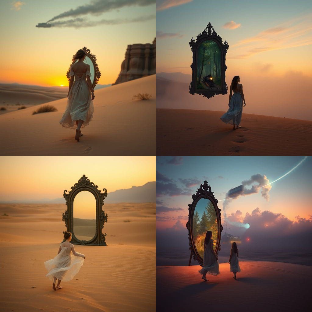 A Young Woman Approaches a Dreamlike Forest in a Desert Mirr...