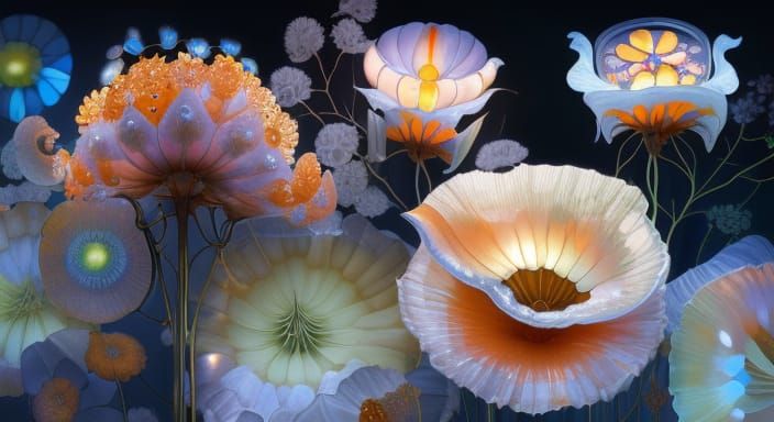 Bioluminescent Stained Glass Flower in Hyperdetailed Digital...