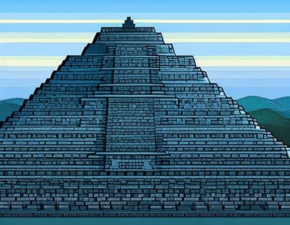 mountain architecture stone chichen itza nature sun rise sun set pale moon serene peaceful calm contemplative, pixel art...