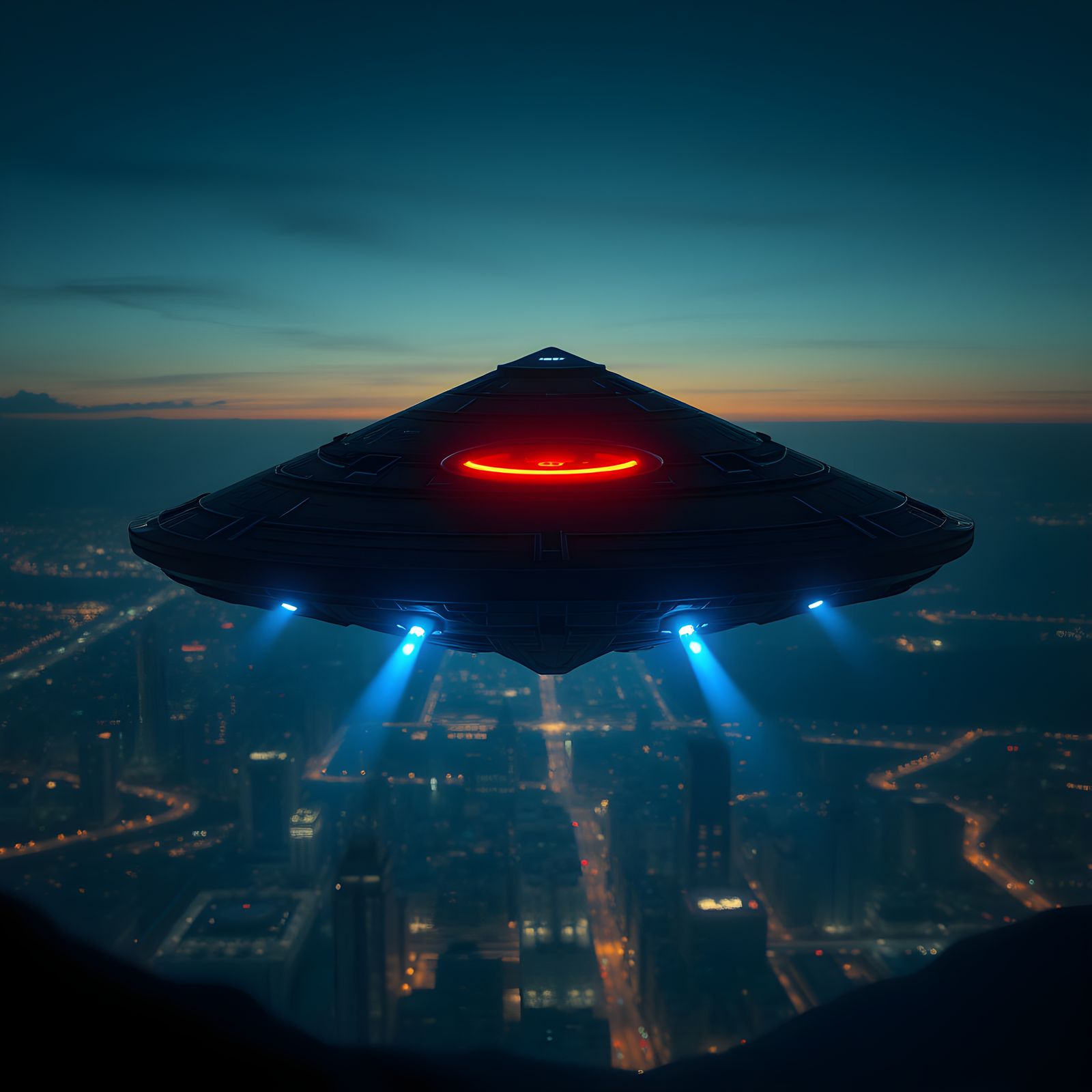 Black Triangle UFO Over City at Night