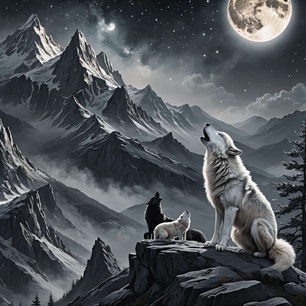 Fantasy Wolves Howling at Moonlit Galaxy