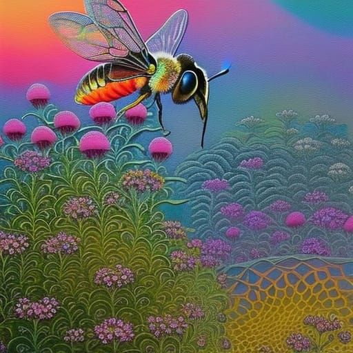 Hyperrealistic Bee on Honeycomb in Vivid Colors