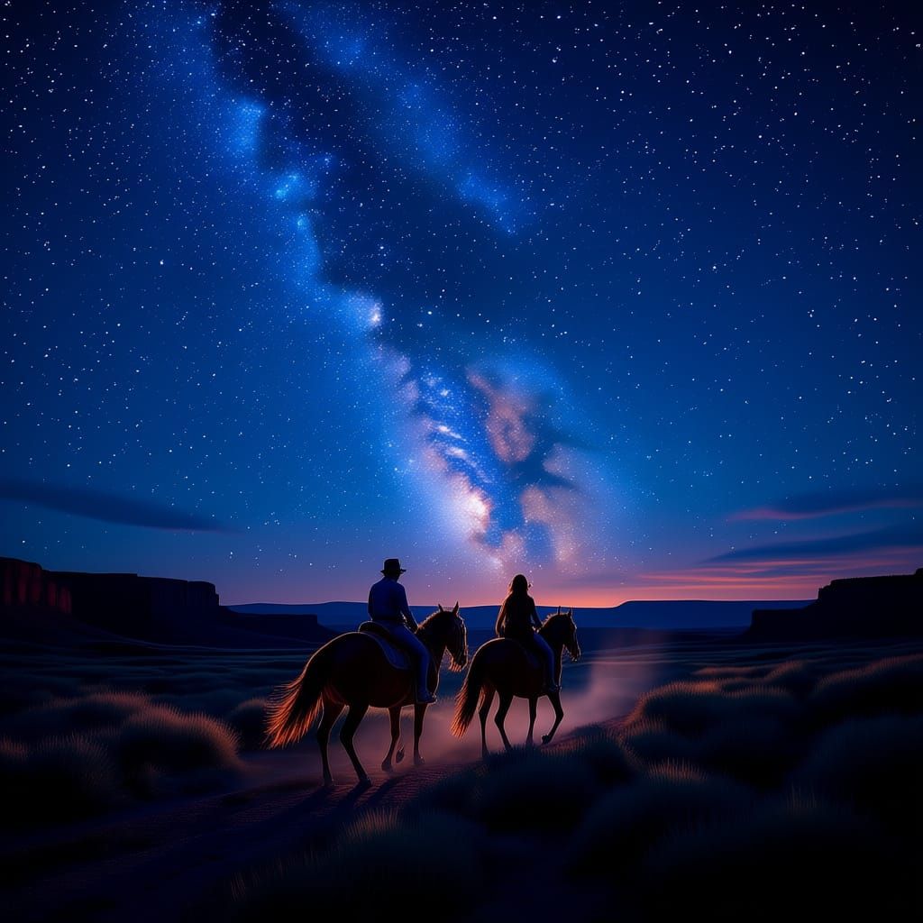 Couple Rides Horse into Badlands Under Starry Night Sky