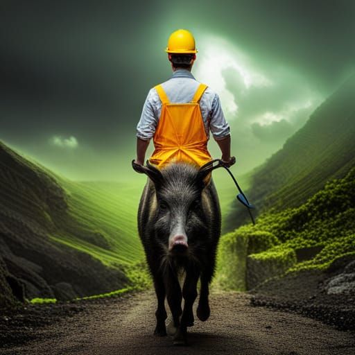 Construction Worker Rides a Wild Boar