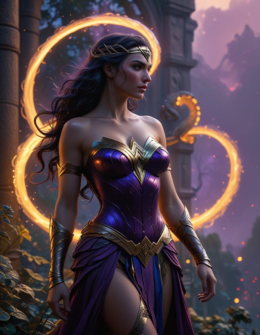 Wonder Woman in the form of a beautiful naga with long snake...